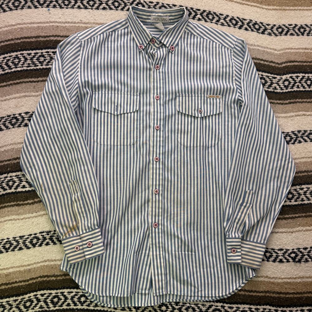 Men's Vintage 90's Union Bay White Blue Striped Button Up Long Sleeve Shirt Sz M